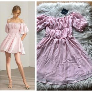 Parisian Pink Off Shoulder Puff Sleeves Flowy Babydoll Swing Dress size 4 US NWT